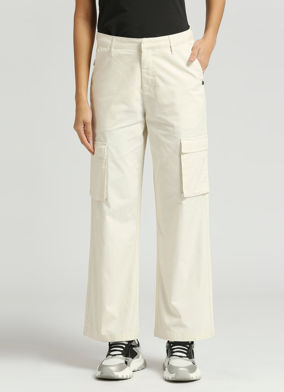 Women's High Rise Straight Fit Cargo Pants with Side Patch Pockets
