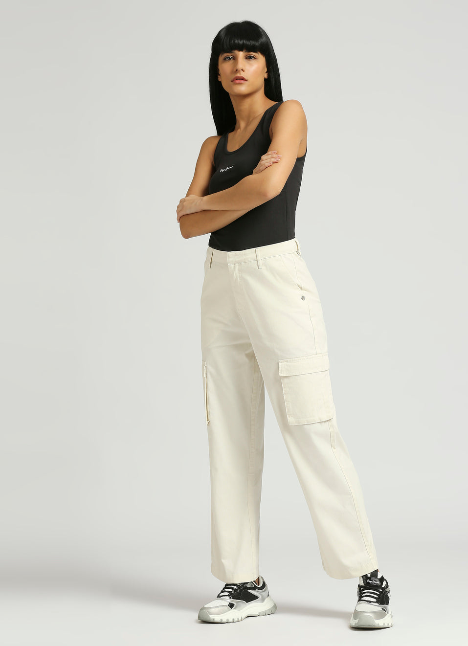 Women's High Rise Straight Fit Cargo Pants with Side Patch Pockets