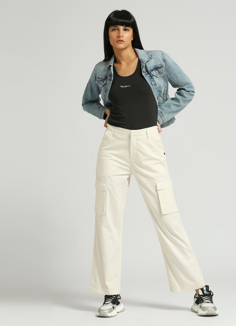 Women's High Rise Straight Fit Cargo Pants with Side Patch Pockets