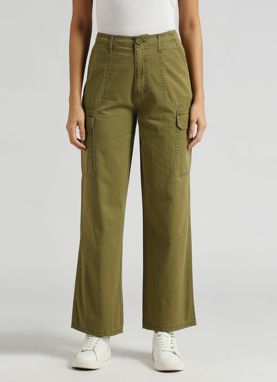 Women's High Rise Straight Fit Cargo Pants with Side Patch Pockets
