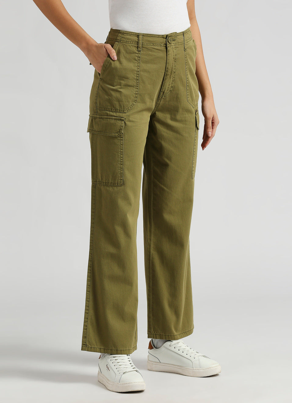 Women's High Rise Straight Fit Cargo Pants with Side Patch Pockets