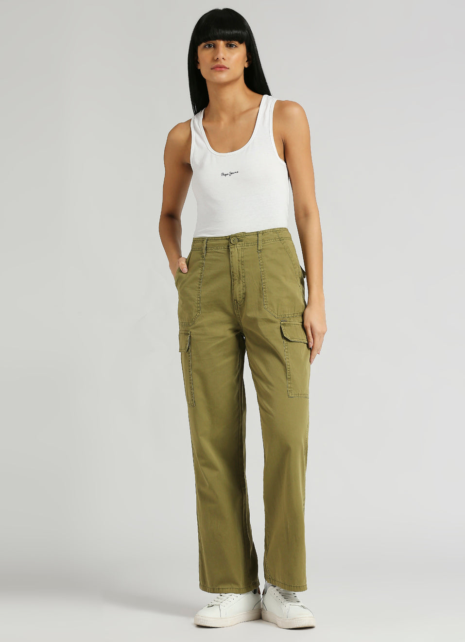 Women's High Rise Straight Fit Cargo Pants with Side Patch Pockets