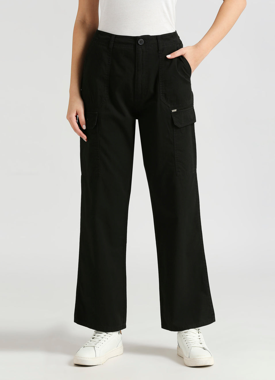 Women's High Rise Straight Fit Cargo Pants with Side Patch Pockets