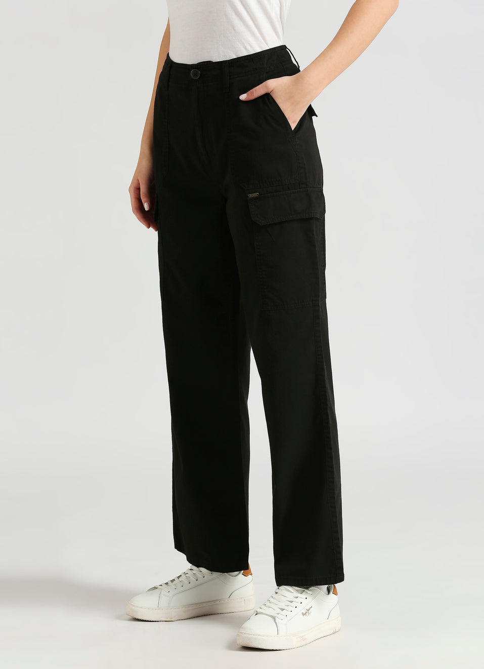 Women's High Rise Straight Fit Cargo Pants with Side Patch Pockets