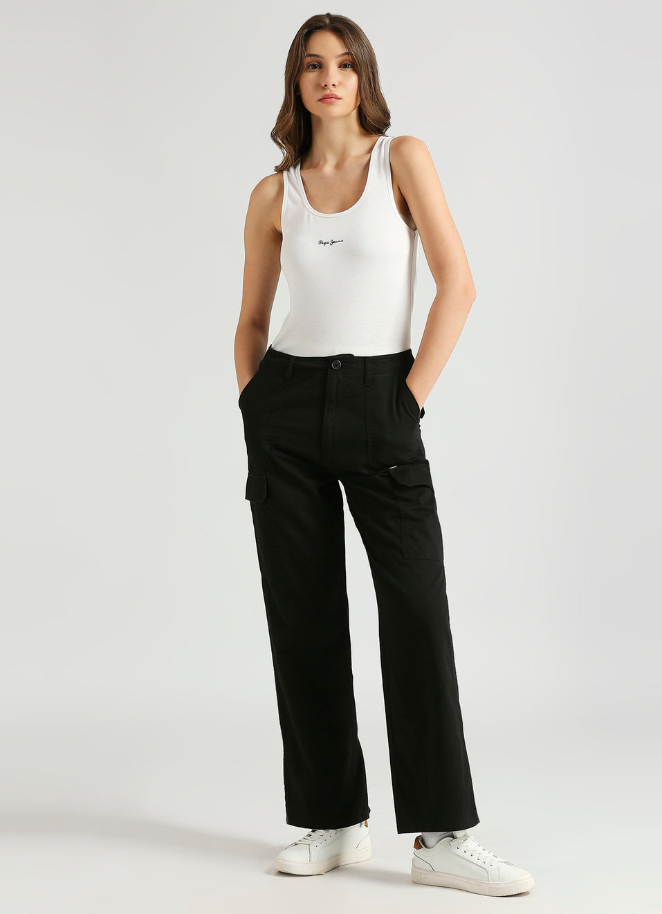 Women's High Rise Straight Fit Cargo Pants with Side Patch Pockets