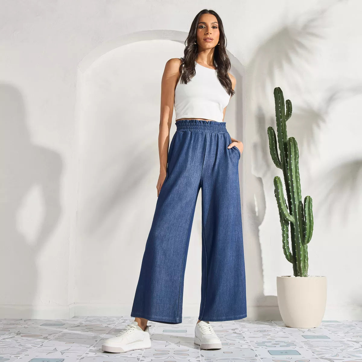 Plain Wide Leg Trousers with Paperbag Waistband