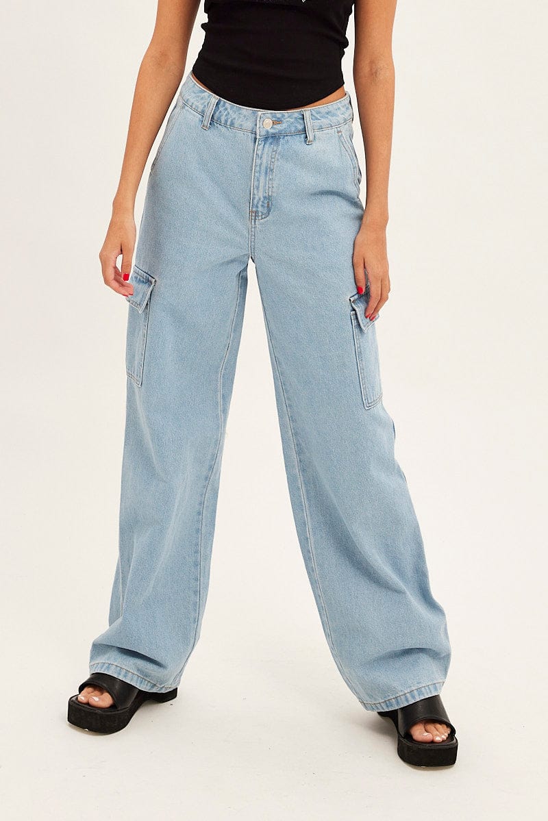 Denim Cargo Mid Waist Pants