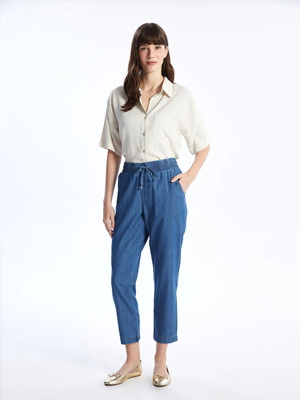 Casual Denim Elastic Waist Trousers for Women