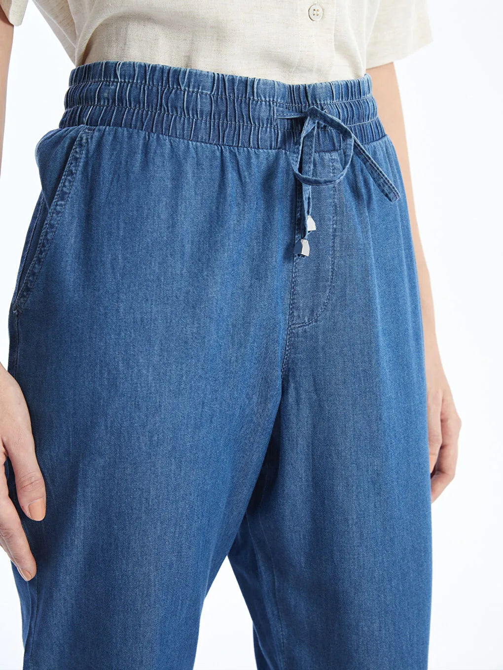Casual Denim Elastic Waist Trousers for Women