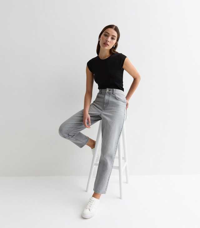 Pale Grey High Waist Mom Jeans