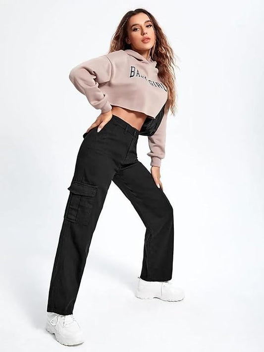 Black Stylish Mid-Rise Cargo Pants