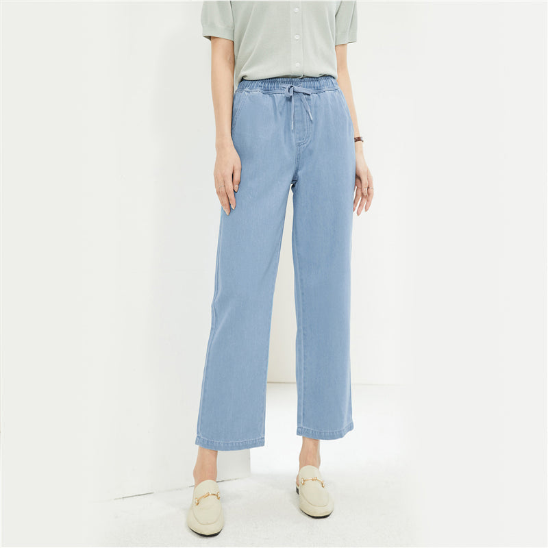 Light Wash Blue Paperbag Crop Leg Trousers
