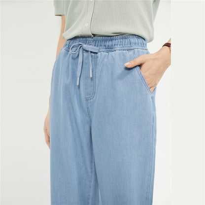 Light Wash Blue Paperbag Crop Leg Trousers