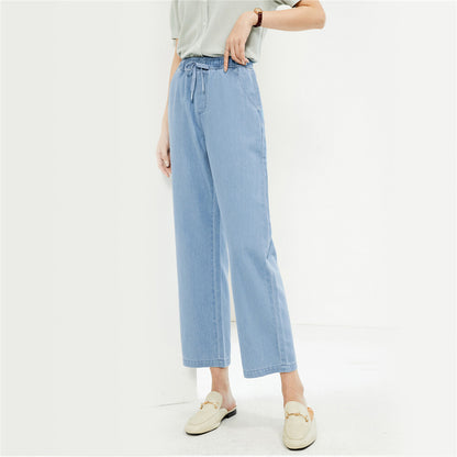 Light Wash Blue Paperbag Crop Leg Trousers