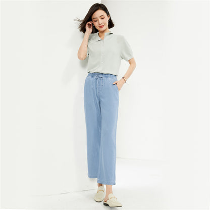 Light Wash Blue Paperbag Crop Leg Trousers