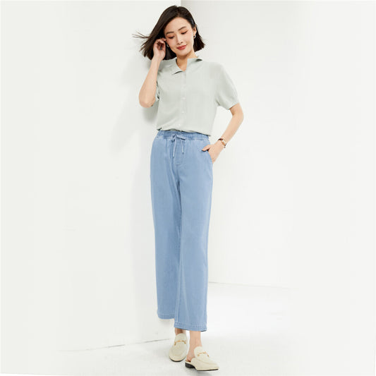 Light Wash Blue Paperbag Crop Leg Trousers