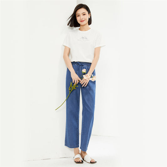 Blue Paperbag Crop Leg Trousers