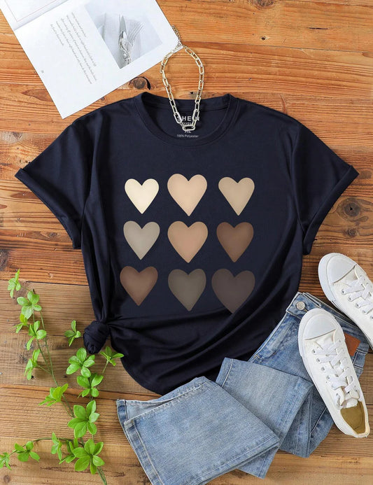 Heart Printed Round Neck Tee for Women