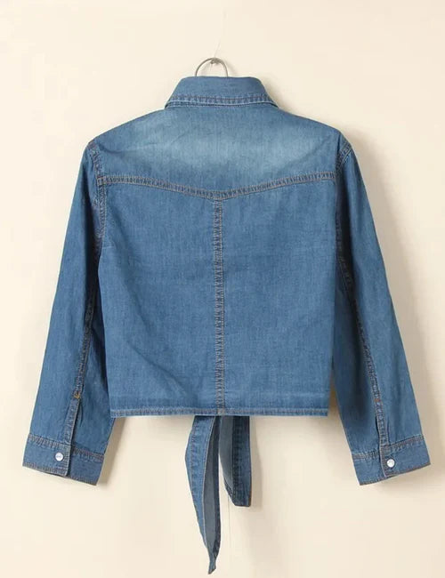 Stylish Crop Top Knot Tie Denim Shirt
