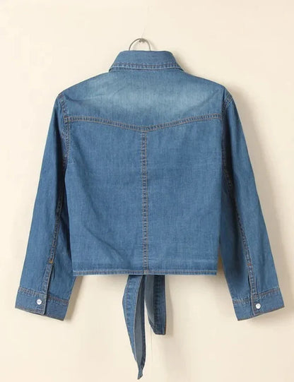 Stylish Crop Top Knot Tie Denim Shirt