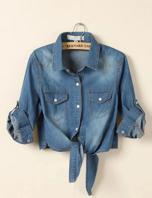 Stylish Crop Top Knot Tie Denim Shirt