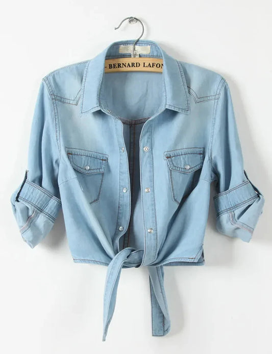 Stylish Crop Top Knot Tie Denim Shirt