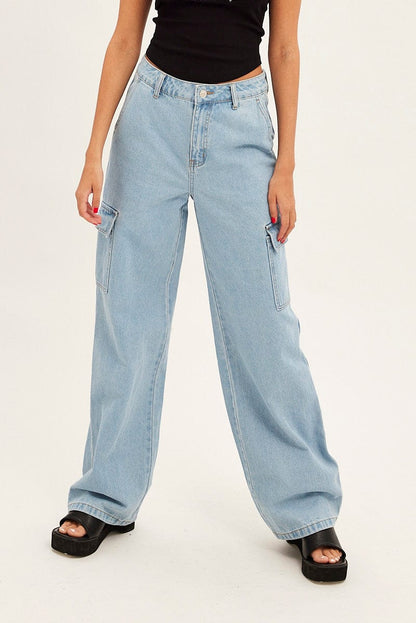 Denim Cargo Mid Waist Pants
