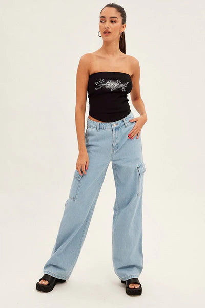 Denim Cargo Mid Waist Pants