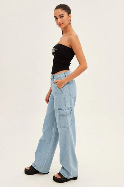 Denim Cargo Mid Waist Pants