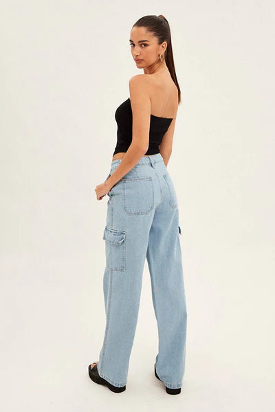Denim Cargo Mid Waist Pants