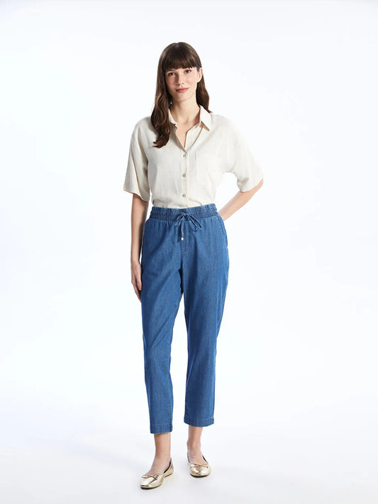 Casual Denim Elastic Waist Trousers for Women