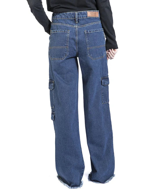 Denim Cargo Mid Waist Pants