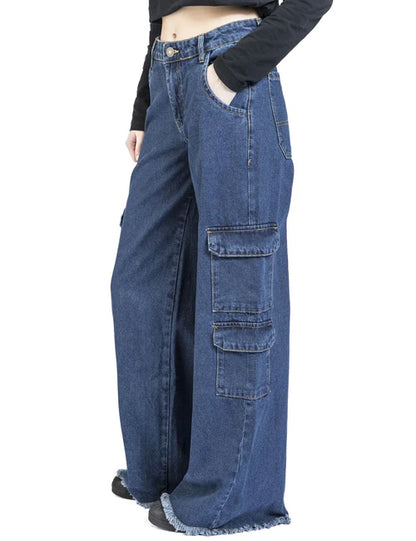 Denim Cargo Mid Waist Pants
