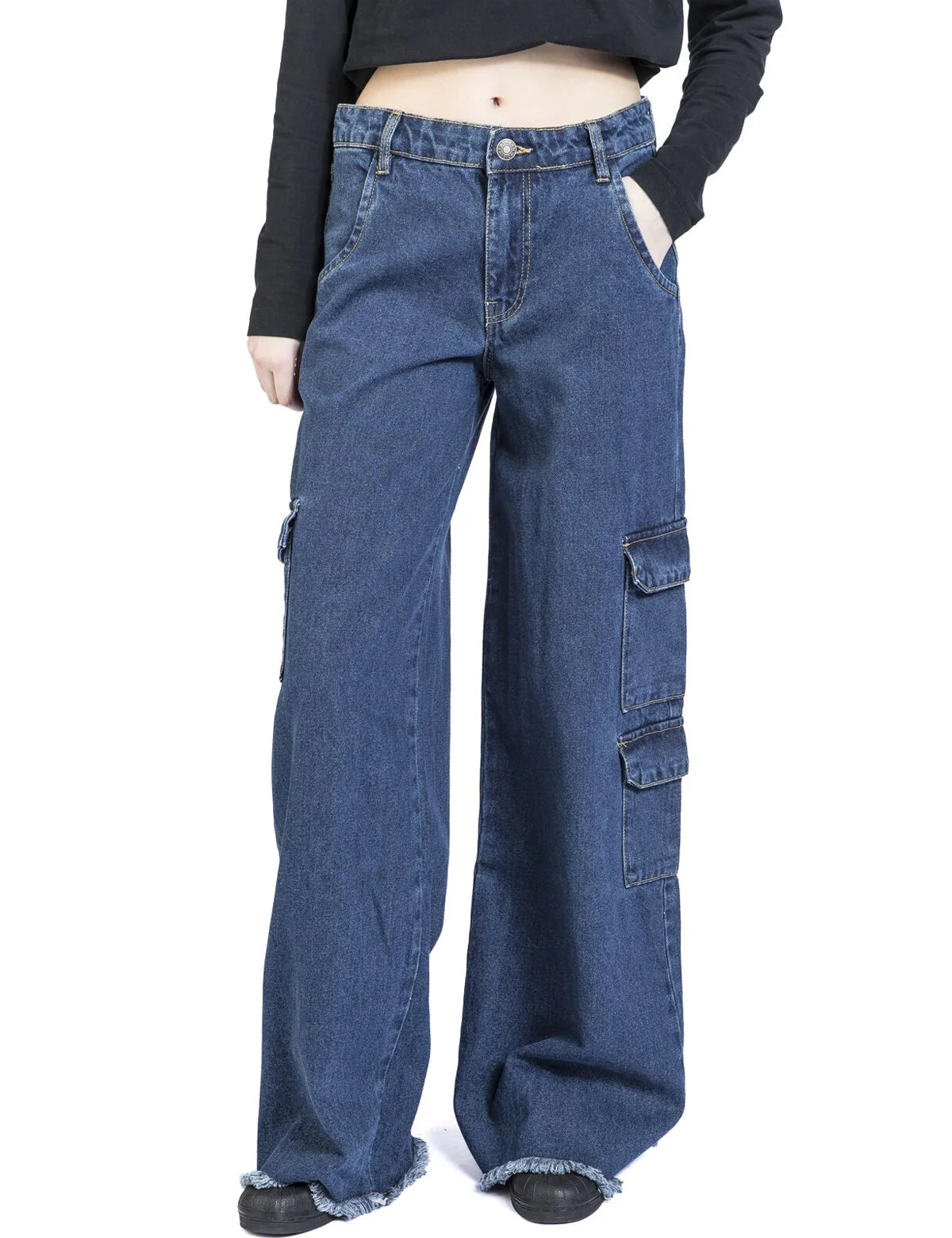 Denim Cargo Mid Waist Pants