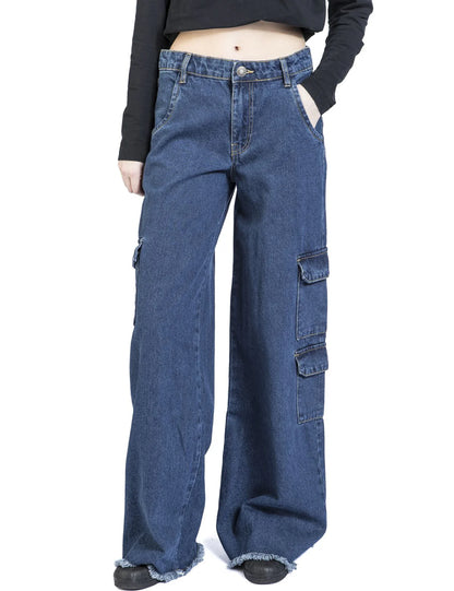 Denim Cargo Mid Waist Pants